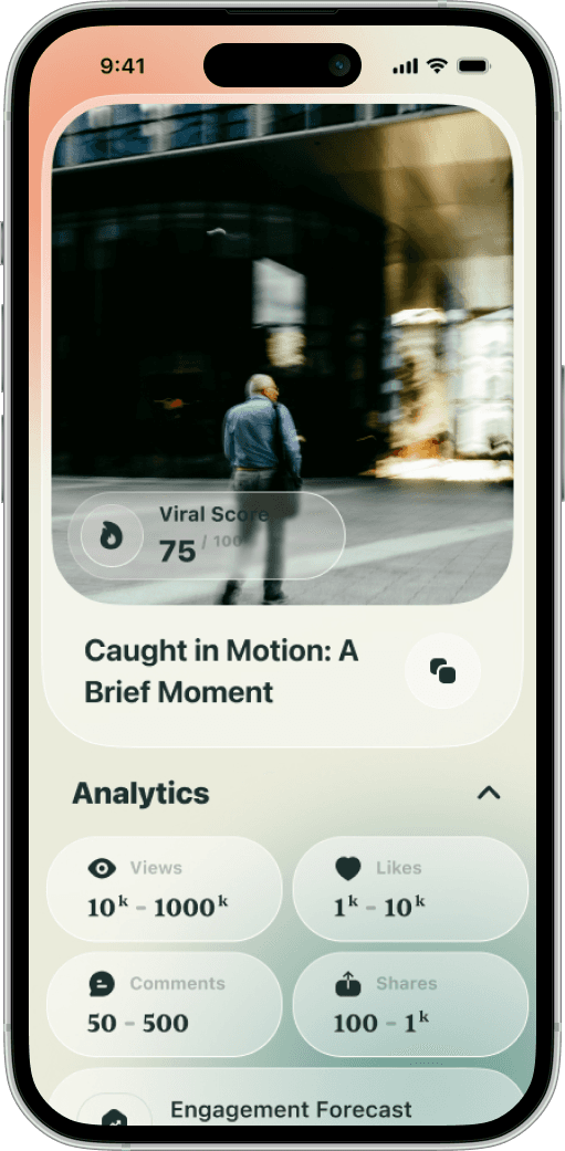 Go Viral app screen showing a TikTok video's hook score, viral view forecast and retention heat map