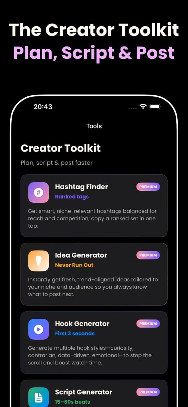 Go Viral Creator Toolkit screen with the Idea Generator labelled Never Run Out